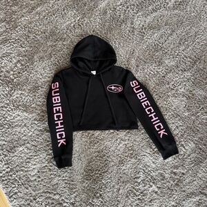 SUBIECHICK Women's Cropped Black Hoodie Pink Graphic Logo Fleece L